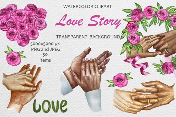 Watercolor Peonies and Hands Clipart